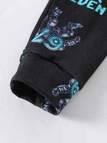 Boys Long Sleeve Long Pants Set, Slim Fit Cyber Robot Print Glow-In-The-Dark Pajamas Loungewear - Black - View 5