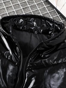 SHEIN Teen Boy Solid Color Long Sleeve Zip-Up Casual Hooded Winter Jacket - Black - View 3