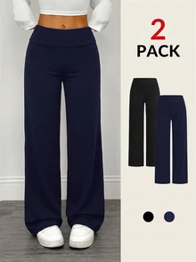 SHEIN PETITE 2pcs Women's Casual Minimalist High Waist Folded Wide Leg Straight Long Pants Suitable For Summer - Multicolor - View 8