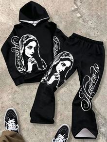 SHEIN 青少年男孩字母與角色圖案連帽衛衣與運動長褲休閒日常套裝 - 黑色 - 查看 1