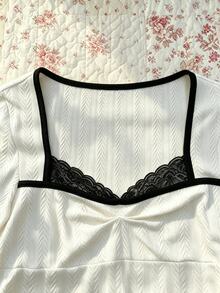 IslaSuriya Autumn French Style 2 In 1 Lace Trim Square Neck T-Shirt - White - View 3