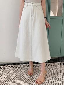 DAZY Solid Color Slit Denim Skirt For Women - White - View 3