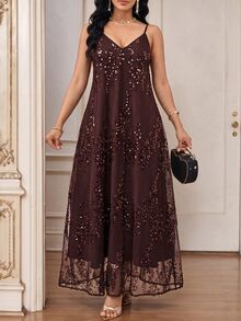 Fleurora Women's Luxury Delicate Sequin Spaghetti Strap Dress - Brown - View 6