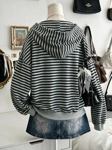 Lalippa بلوزة رياضية نسائية جديدة بتصميم أزرار وخطوط وأكمام طويلة مع كتف منسدل وغطاء رأس - متعدد الألوان - مشاهدة 2