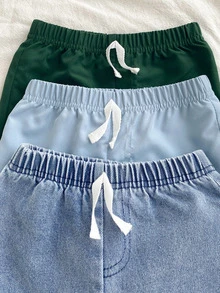 SHEIN Vintaside Kids 3件組男嬰直筒牛仔長褲，可愛學院風藍綠色，彈性腰頭抽繩設計，真牛仔布，休閒寬鬆版型，適合生日派對與秋季慢跑穿搭 - 彩色 - 查看 3