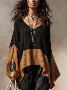 Franclia Áo thun nữ phong cách vintage casual boho gân phối màu, gấu không đối xứng, màu đen, cho mùa thu và đi du lịch - màu đen - Xem 2