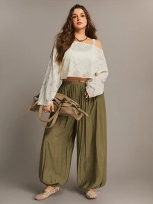 Freevana Plus Size Women's Vintage Elegant Olive Green Loose Flare Pants - Olive Green - View 6