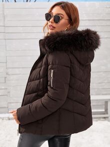 Anewsta Essential 女款冬季保暖加厚外套 咖啡棕色 素色 人造毛領連帽 前開襟拉鍊 長袖 休閒旅行夾克 - 咖啡棕 - 查看 2