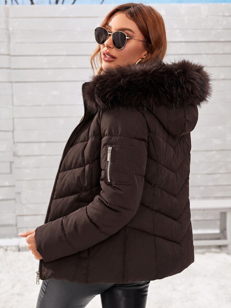 Anewsta Essential Women Winter Warm Padded Coat Solid Coffee Brown Faux Fur Hood Zip Front Long Sleeve Casual Travel Jacket - Brown - View 2