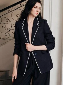 Anewsta Women's New Elegant Retro Modern Commuter Casual Daily Versatile Pearl Decorated Long Sleeve Blazer - Navy Blue - View 5
