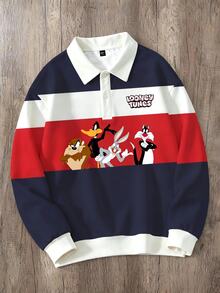 LOONEY TUNES X SHEIN Manfinity Joysei 男士休閒拼色條紋鈕扣領套頭運動衫 - 彩色 - 查看 1