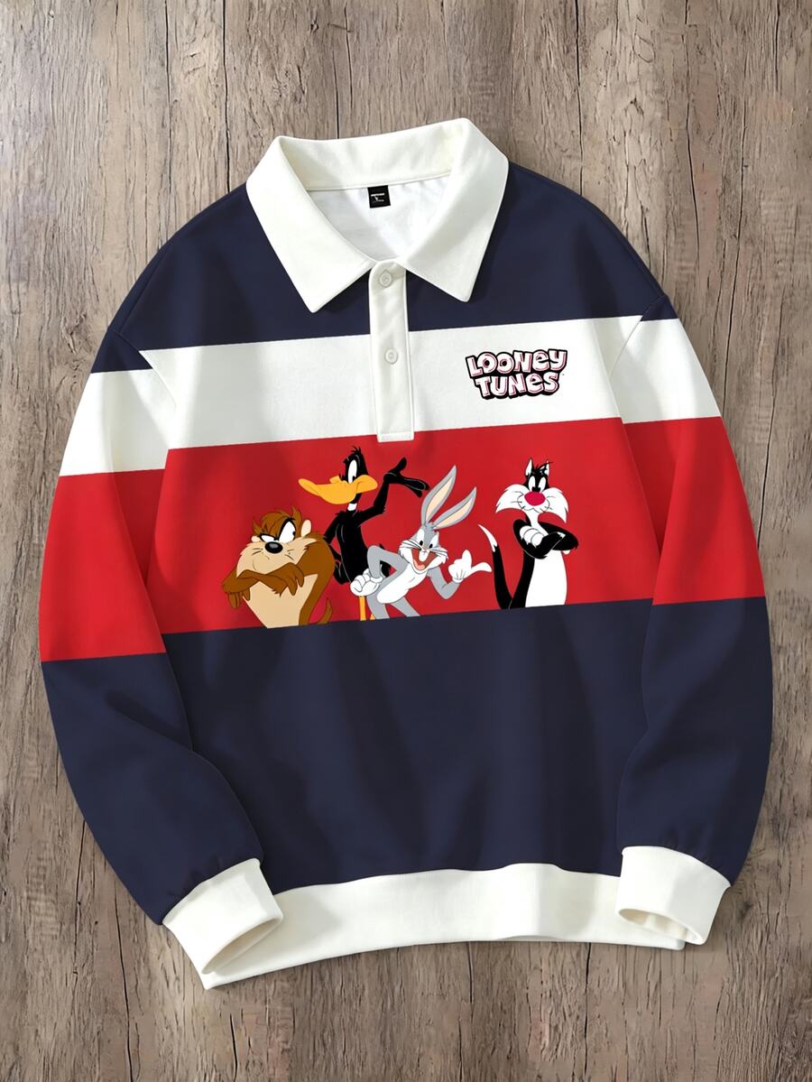 LOONEY TUNES X SHEIN Manfinity Joysei 男士休閒拼色條紋鈕扣領套頭運動衫 - 彩色 - 查看 1