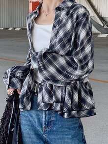 FRIFUL Women's Plaid Casual Versatile Everyday Outing Shirt - Black and White - View 3