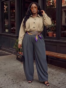 Slaydiva Plus Size Women's Shirt Jacket, Khaki Stand Collar Epaulet Plus Size Utility Shacket - Khaki - View 4