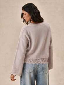 Easelle Vintage Bohemian Round Neck Lace Patchwork Women's Sweater - Apricot - View 2