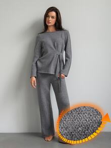 Livesso Women's Solid Color Long Sleeve Top And Pants Casual Daily Loungewear Set - Grey - View 6