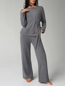 Livesso Women's Solid Color Long Sleeve Top And Pants Casual Daily Loungewear Set - Grey - View 7