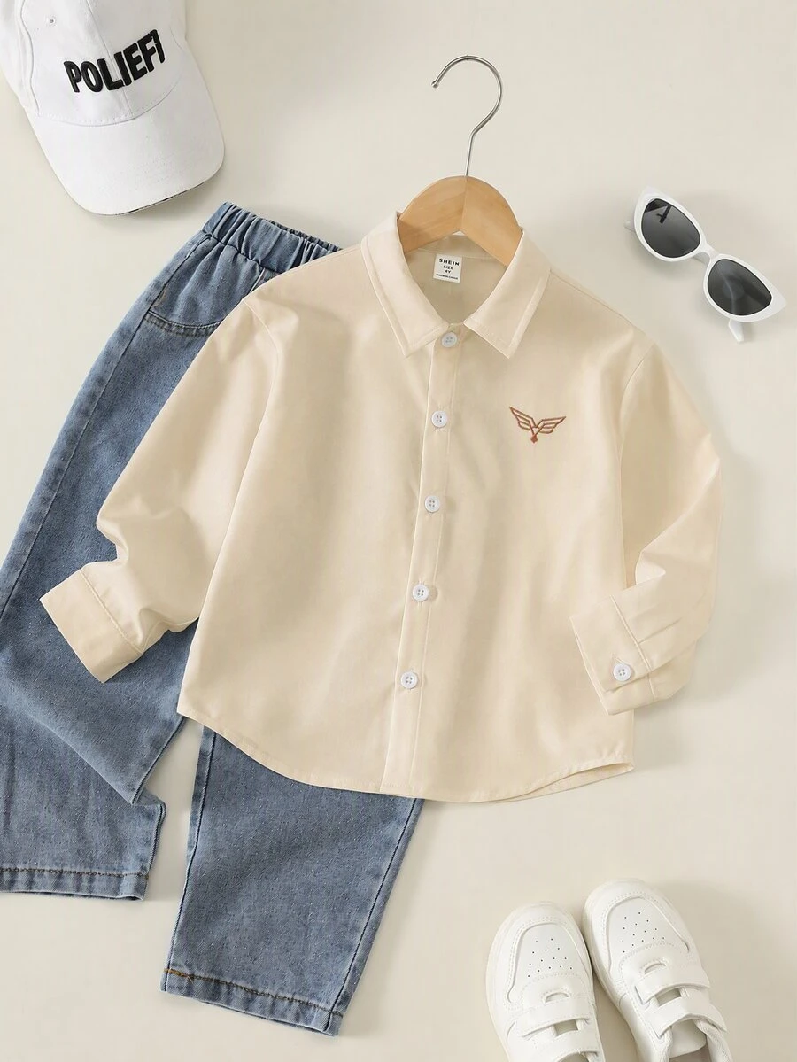 SHEIN 男童小男孩夏季秋季休閒百搭小學中學白色校服襯衫上衣 正式襯衫 - 卡其色 - 查看 1