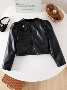 Tween Girl 3D Floral Decor PU Leather Zipper Front Cute Jacket School Off Campus All Black Fall Korea Career Day - Black - View 3