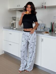 ZzzCrew Minimalist Solid Color Short Sleeve Top And Bow Striped Wide Leg Pants 2 Pieces Set Loungewear - Multicolor - View 6