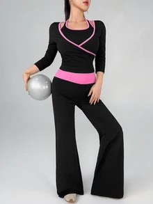 DAZY Women's Striped Colorblock Top And Pants Sports Set - Black - View 1