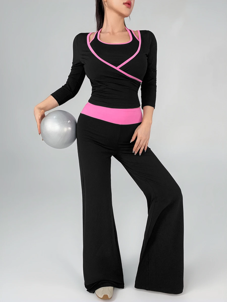 DAZY Women's Striped Colorblock Top And Pants Sports Set - Black - View 1