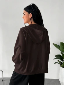 SHEIN EZwear 大尺碼女款純色休閒百搭日常穿著連帽衛衣 - 巧克力棕 - 查看 2