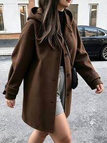 Easura Plus Size Women's Autumn/Winter Hooded Cuff Sleeve Strap Casual Daily Commute Overcoat - Coffee Brown - View 4