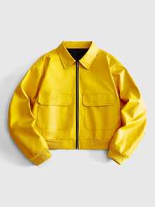 ROMWE MEN Street Life Men's Solid Color Long Sleeve Zipper Pocket PU Leather Casual Jacket - Yellow - View 1