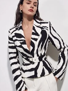 Aveloria Modichic Áo blazer nữ vai rộng họa tiết vằn ngựa vằn, eo chiết, kèm thắt lưng tháo rời, phong cách tối giản hiện đại đô thị - Đen và trắng - Xem 4