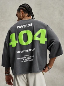 PAVTROS 男士賽博街頭風時尚休閒短袖T恤，寬鬆大版短袖T恤，短版寬鬆圓領短袖T恤，網路經典標語，數位文化，美式休閒，中性款，情侶穿搭，最佳節日禮物 - 深灰色 - 查看 1