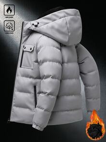Manfinity Homme Men's Workwear Multi-Pocket Hooded Padded Coat, Thermal Lined Quilted Padded Coat For Outdoor And Commuting - Grey - View 3