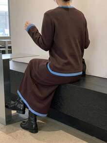 Livesso Women's Contrast Color Long Sleeve Sweater And Long Skirt 2 Pieces Set - Coffee Brown - View 2