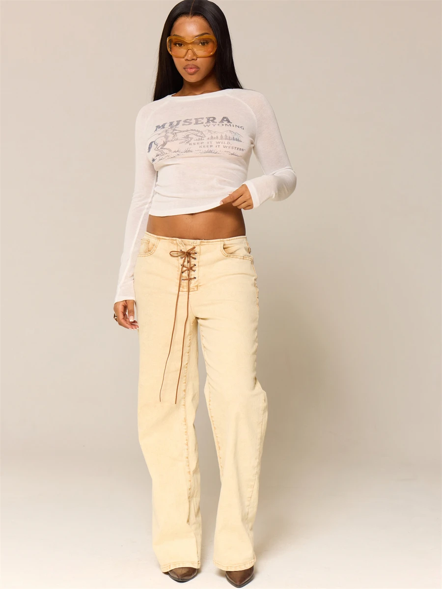 MUSERA Cream Denim Low Rise Lace Up Straight Leg Jeans Autumn Winter Night Out Everyday Back To School - Beige - View 1