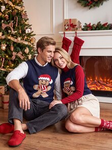 Manfinity Homme Men's Gingerbread Man Pattern Crew Neck Casual Versatile Knit Vest - Navy Blue - View 5