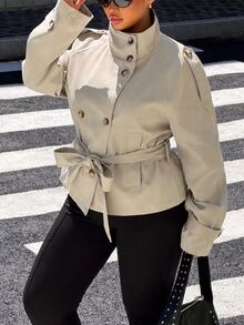 Muchica Plus Size Women Solid Color Waist Tie Casual Versatile Trench Coat Jacket - Khaki - View 5
