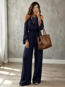 Omancia Women's Solid Color Ruched Cold Shoulder Casual Daily Wear Jumpsuit Fall/Winter - Navy Blue - View 3