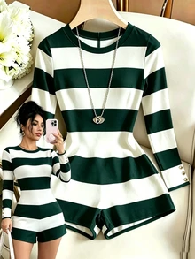 SHEIN Franclia 女款圓領條紋鈕扣長袖修身連身短褲 夏季套裝 度假穿搭 六月節慶 美國日 海灘穿搭 畢業外出穿搭 - 綠色 - 查看 1