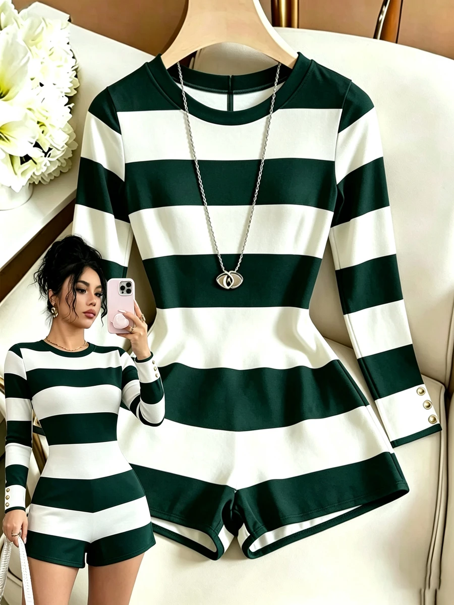 SHEIN Franclia 女款圓領條紋鈕扣長袖修身連身短褲 夏季套裝 度假穿搭 六月節慶 美國日 海灘穿搭 畢業外出穿搭 - 綠色 - 查看 1