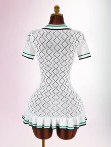 Amplova Women's Knit Sexy Avant-Garde Back To School Style Short Sleeve Dress With Collar And Lace Hem - White - View 7