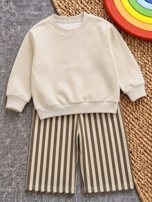 嬰兒/幼兒休閒圓領長袖運動衫 + Bolty 寬腿褲套裝，經典可愛卡通手繪小狗騎自行車印花，經典條紋印花，經典背部印花 - 彩色 - 查看 4