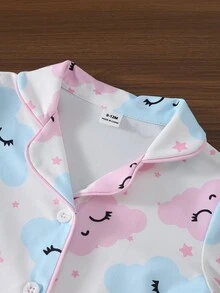 SHEIN 女嬰甜美可愛優雅親膚舒適休閒日常雲朵星星卡通印花針織開襟長袖上衣與長褲2件套家居服 - 彩色 - 查看 8