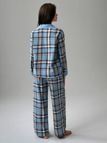 DAZY Women's Plaid Long Sleeve Top And Pants Casual Daily Home Pajama Set - Blue - View 2