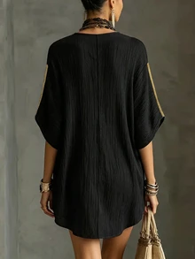 INAWLY Spring Summer Autumn Black Pleated Textured Fabric Plus Size Dress, Deep V-Neck Gold Trim Loose Vacation Style Dress, Luxury Bohemian Style Front Short Back Long Dress For Women - Black - View 2
