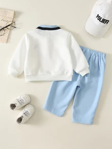 SHEIN 男嬰幼兒 3 件組秋冬保暖內裡加厚休閒學院風 POLO 套裝，衛衣套裝，含腰帶，嬰兒冬季套裝，聖誕 - 藍色 - 查看 2
