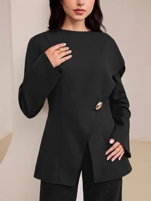 Veilorie 女款純色圓領長袖上衣，附金屬腰部裝飾，優雅 - 黑色 - 查看 6