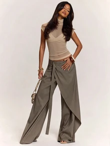 SHEIN BAE 女款休閒通勤時尚街頭極簡百搭高領網紗針織透視百搭上衣，適合外出 - 卡其色 - 查看 4