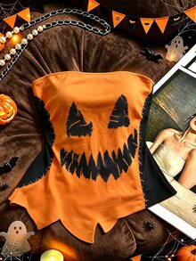 SHEIN Franclia Halloween Pumpkin Ghost Face Print Strapless Crop Top For Women, Frayed Hem Patchwork Asymmetrical Hem Contrast Color Slim Fit - Burnt Orange - View 1