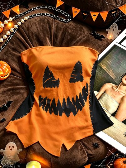 SHEIN Franclia Top court sans bretelles pour femmes avec imprimé visage de citrouille fantôme d'Halloween, ourlet effiloché, patchwork, ourlet asymétrique, couleur contrastante, coupe slim