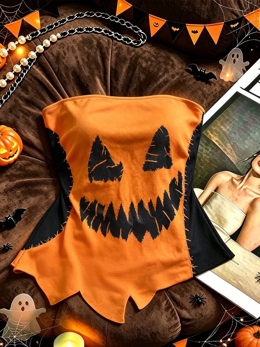 SHEIN Franclia Halloween Pumpkin Ghost Face Print Strapless Crop Top For Women, Frayed Hem Patchwork Asymmetrical Hem Contrast Color Slim Fit - Burnt Orange - View 1